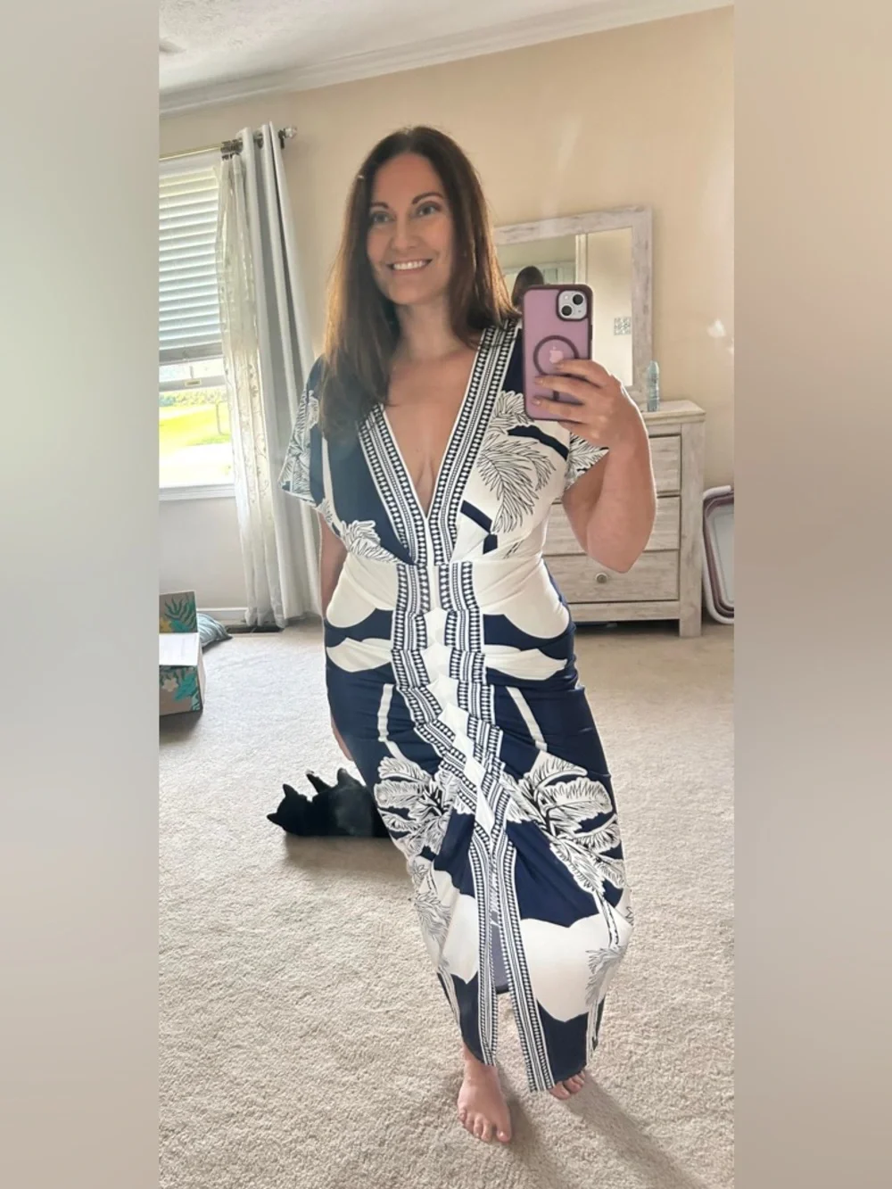 Commense Navy and White Tropical Print V Neck Ruched Dress - Picture 4 of 11